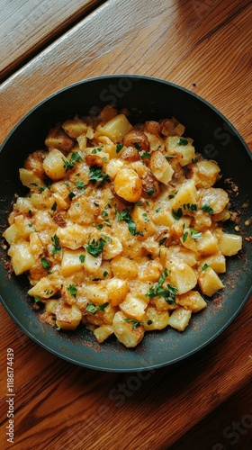 Delicious potato dish garnished with herbs served in a black skillet on a woo...