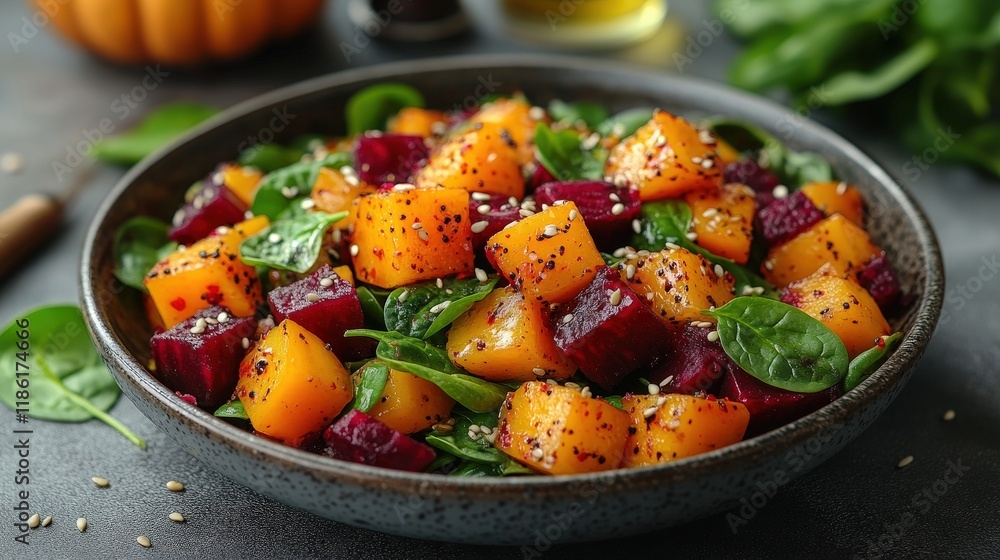 Fresh Autumn Salad with Marinated Pumpkin and Beetroot Garnished with Spinach and Seeds for a Healthy Meal Option Fresh Autumn Salad with Marinated Pumpkin and Beetroot Garnished with Spinach and Seeds for a Healthy Meal Option