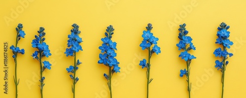 Blue flowers arranged in a row on a bright yellow background, creating a vibrant and cheerful composition ideal for nature and floral themes