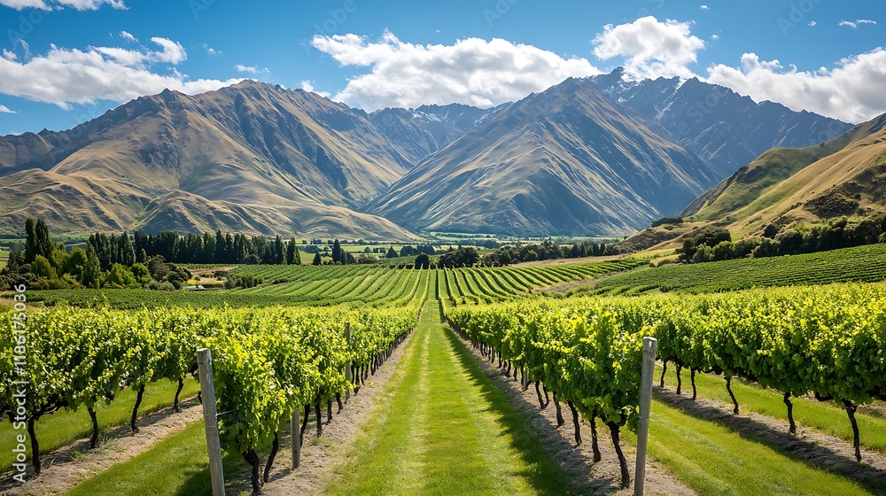 Fototapeta premium A scenic vineyard with rows of grapevines beneath a clear blue sky, surrounded by vibrant green hills and majestic mountains in the distance. 