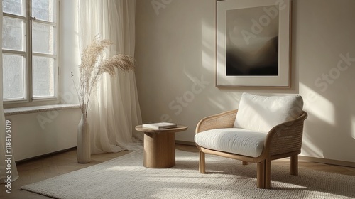 Elegant black and white bowl displayed with minimalist art piece on rustic wo...
