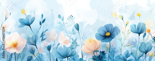 Blue watercolor flowers, delicate petals, soft leaves, nature background, botanical illustration, vibrant colors, artistic design for decor