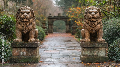 Grand stone lions guard the pathway in a serene garden during autumn twilight