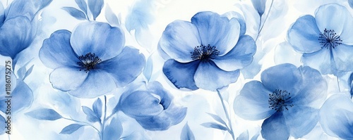 Blue watercolor flowers, delicate petals, soft leaves, nature background, botanical illustration, vibrant colors, artistic design for decor