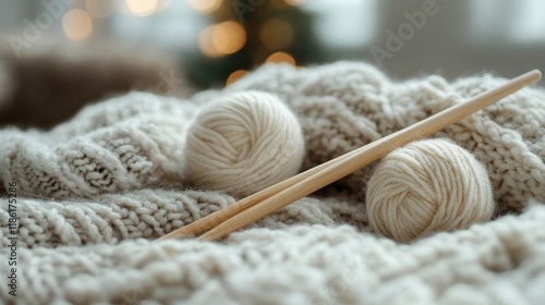 Cozy knitting materials on a soft, textured blanket with wool yarn balls and ...