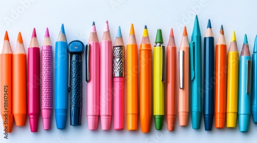 Colorful assortment of writing instruments arranged neatly on a flat surface
