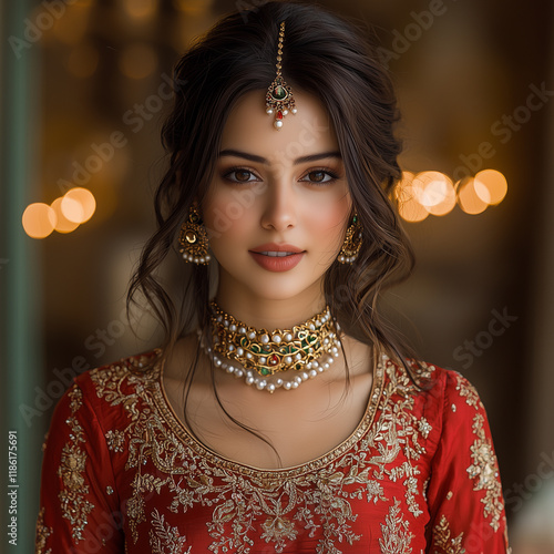 A young woman, likely in her late teens or early twenties, South Asian ethnicity, wearing a rich red bridal lehenga-style dress, adorned with intricate gold embroidery and delicate pearl accents