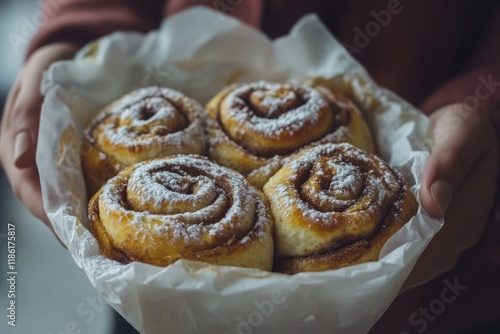 A batch of golden-brown cinnamon rolls sprinkled with powdered sugar, nestled in a crinkled white paper bag photo