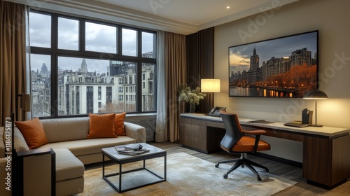 Modern hotel room with city skyline view and natural light during daytime