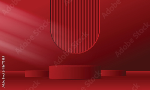 Realistic 3d red empty podium on red background. Elegant stage design for product demonstration and marketing promotion, advertising, banner, poster. Vector illustration.