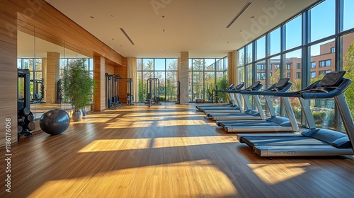 Modern fitness center with large windows overlooking a lush outdoor pool area