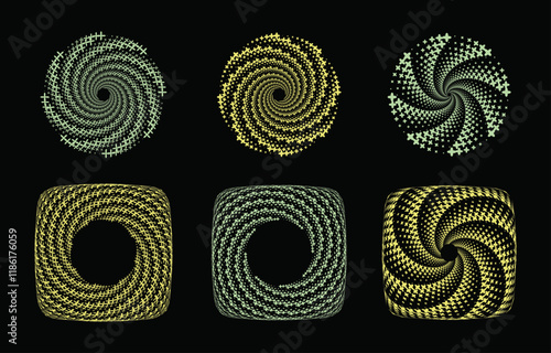 A geometric vector illustration in spiral dots set against a black background. Ideal for framing, the motion of a whirlpool, gyre, maelstrom, ideal for icons, signage, and symbols.