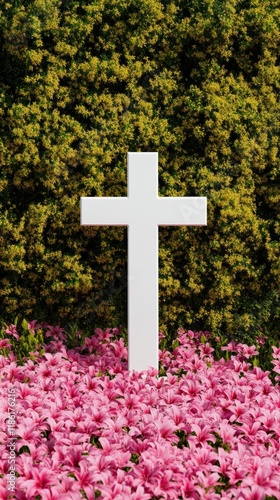 Elegant A quiet garden scene with a single cross among blooming white lilies and sunlight filtering softly through trees for Good Friday meditation 