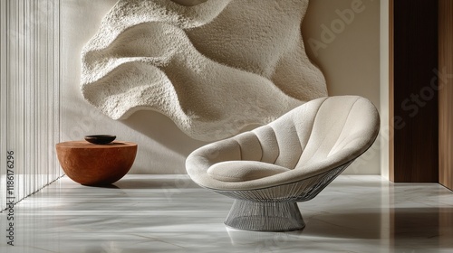 Modern interior design featuring a sculptural chair and textured wall in a se...