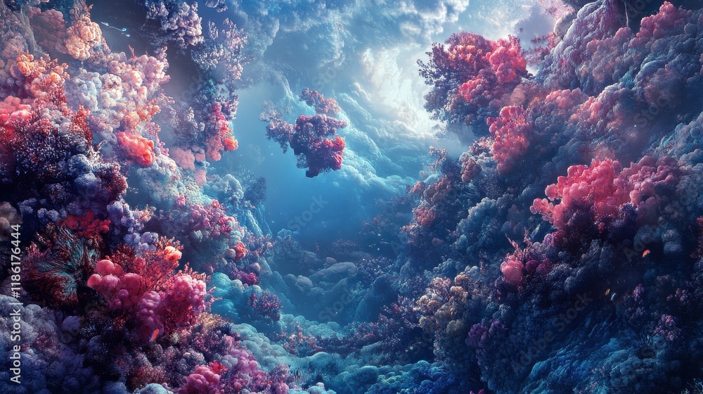 Obraz premium Vibrant Coral Reef Under a Cloudy Sky