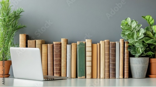 Cozy workspace with vintage books and modern laptop surrounded by greenery