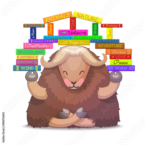 vector funny yak animal kids studying reading book illustration. Children education and reading items, schooling cartoon object illustration. Hand drown Baby graphics concept. Story time. School 