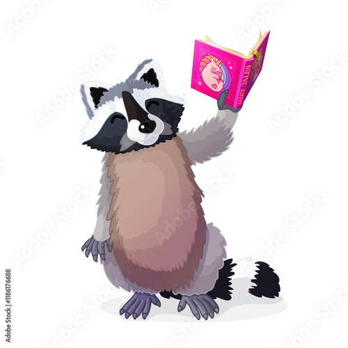 vector funny raccoon animal kids studying reading book illustration. Children education and reading items, schooling cartoon object illustration. Hand drown Baby graphics concept. Story time. School 