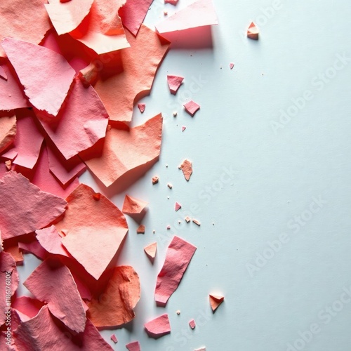 Torn paper fragments scattered on a pristine white surface, texture, shredded, fragmentary