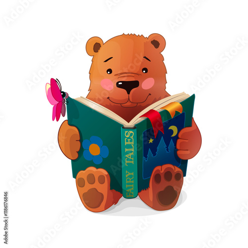 vector funny bear animal kids studying reading book illustration. Children education and reading items, schooling cartoon object illustration. Hand drown Baby graphics concept. Story time. School 