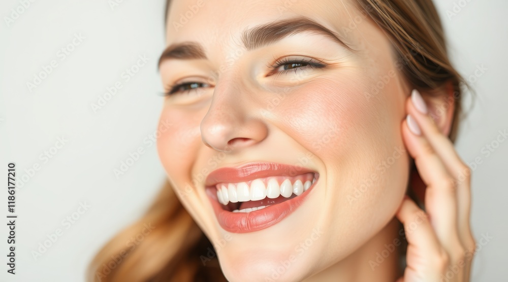 Joyful woman smiling brightly while touching her face, radiating happiness and confidence Joyful woman smiling brightly while touching her face, radiating happiness and confidence