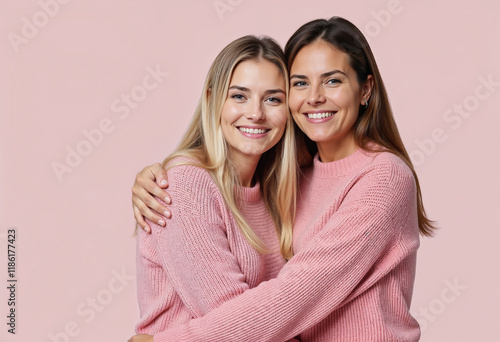 Portrait of two female friends in their 30s and 40s hugging on pink background