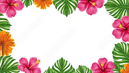 Vibrant tropical flower border with pink hibiscus orange marigolds and green palm leaves Perfect for flyers or greeting cards