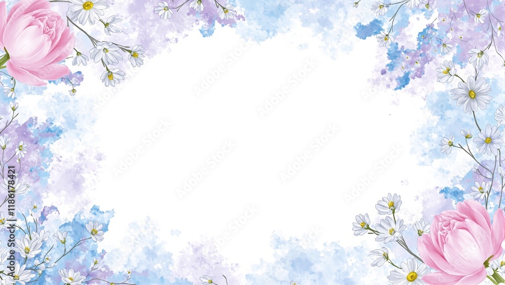 Elegant pastel floral frame with daisies and peonies for invitations or cards Elegant pastel floral frame with daisies and peonies for invitations or cards