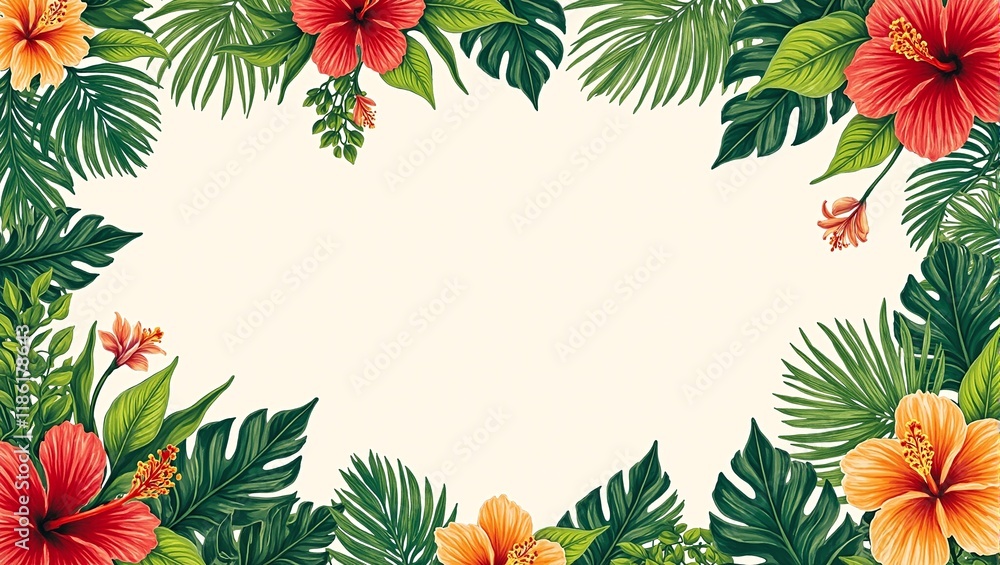 Vibrant tropical floral border with hibiscus orchids and palm fronds on a soft backdrop Perfect for summertime designs Vibrant tropical floral border with hibiscus orchids and palm fronds on a soft backdrop Perfect for summertime designs