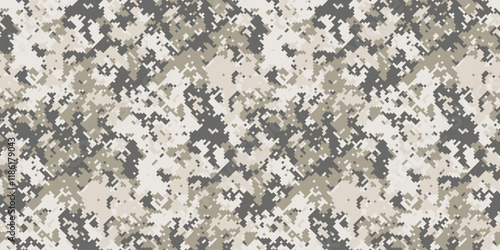 Abstract digital camouflage pattern in beige, gray, and white tones. Perfect for backgrounds, textiles, or military-themed designs.  High-resolution seamless texture ideal for various applications.
