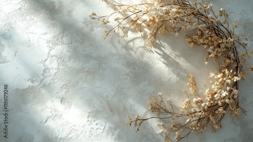Floral arrangement on textured surface with dried flowers and petals creating...