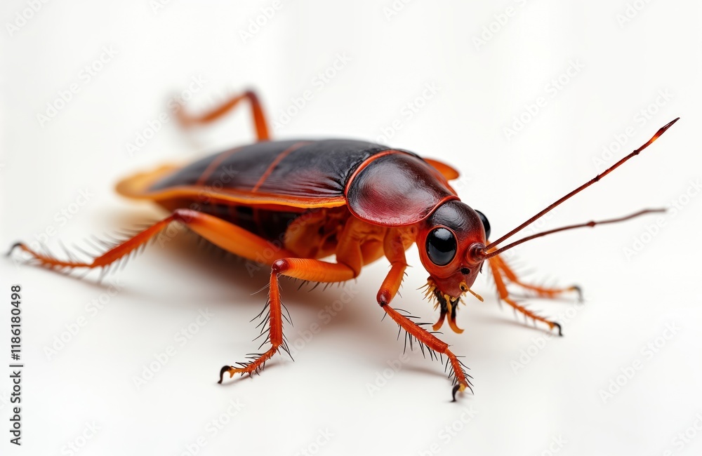 Close-up view of a cockroach. Pest insect on white background. Isolated animal. Macro photo. Detailed insect features. Crawling pest. Unhygienic insect. Potential household pest. Close-up view of a cockroach. Pest insect on white background. Isolated animal. Macro photo. Detailed insect features. Crawling pest. Unhygienic insect. Potential household pest.