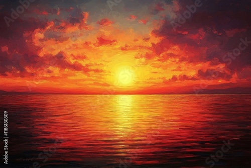 Vibrant sunset over a tranquil lake surrounded by silhouettes of mountains an...