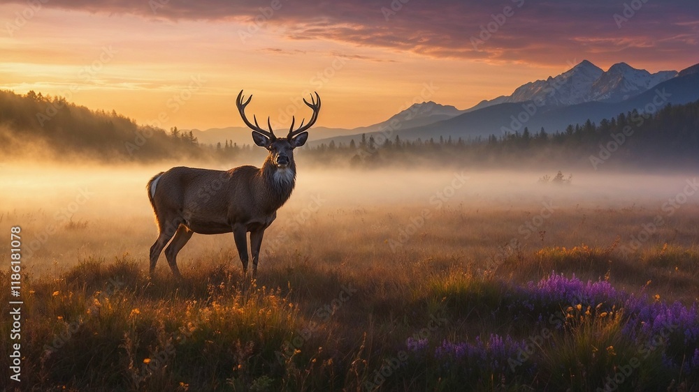 Fototapeta premium Deer in Misty Morning First Light in the Plain