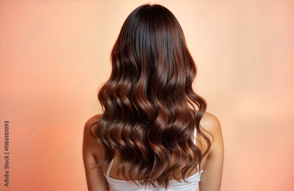 Naklejka premium Woman with healthy wavy brown hair. Back view of young woman with perfect strong hairstyle. Hair looks silky, shiny after salon treatment. Pastel background creates beautiful image for beauty