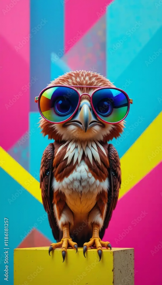 Fototapeta premium Cool Owl in Sunglasses Against Vibrant Geometric Background