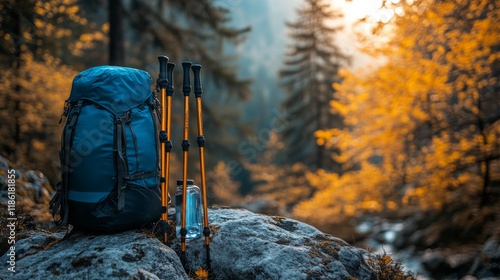 Hiking backpack and water bottle on rocky terrain surrounded by autumn foliage