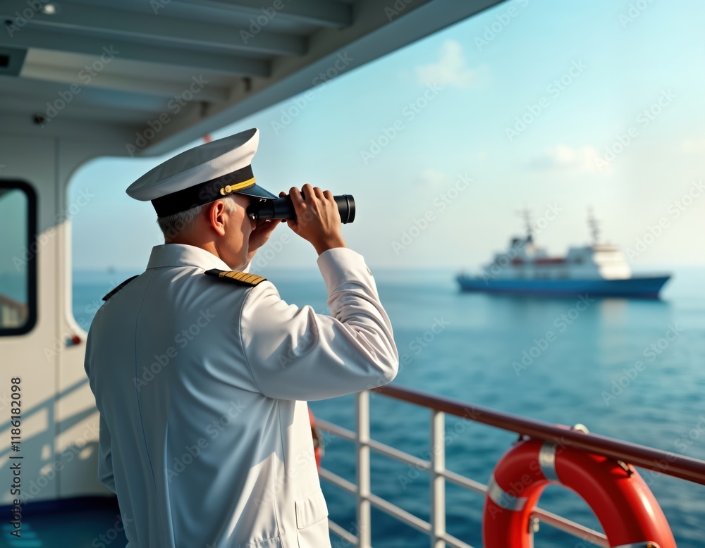 Obraz premium Mature man in uniform looks at horizon through binoculars. Captain on ship observes distant vessel. Maritime pro watches sea. Professional looks at ocean. Leadership. Man watches sea from deck of