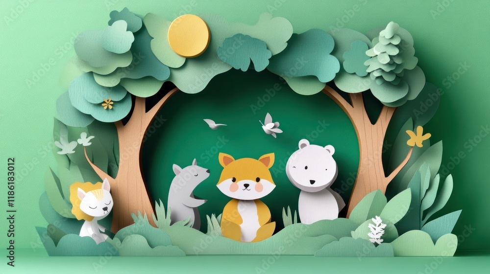 World Wildlife Day in a forest scene with animals framed by trees Paper art and digital craft style World Wildlife Day in a forest scene with animals framed by trees Paper art and digital craft style