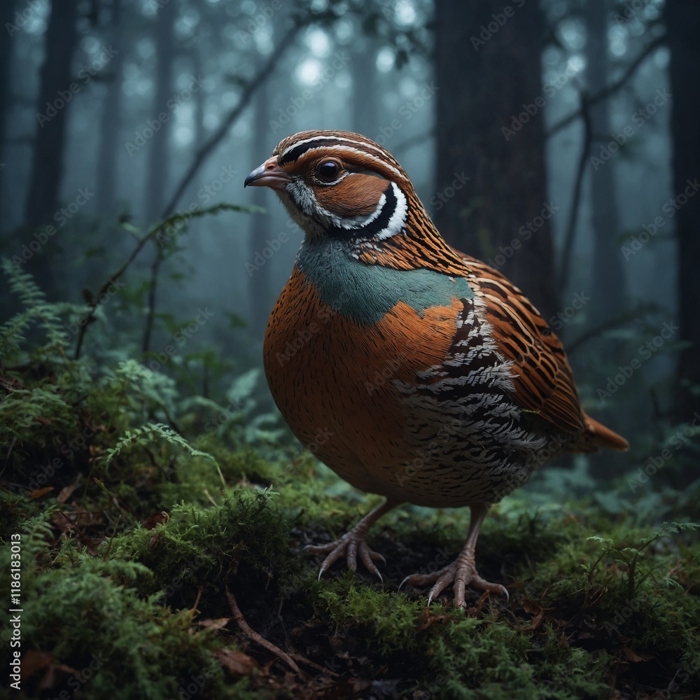 A luminous quail glowing in a mystical foggy forest. A luminous quail glowing in a mystical foggy forest.