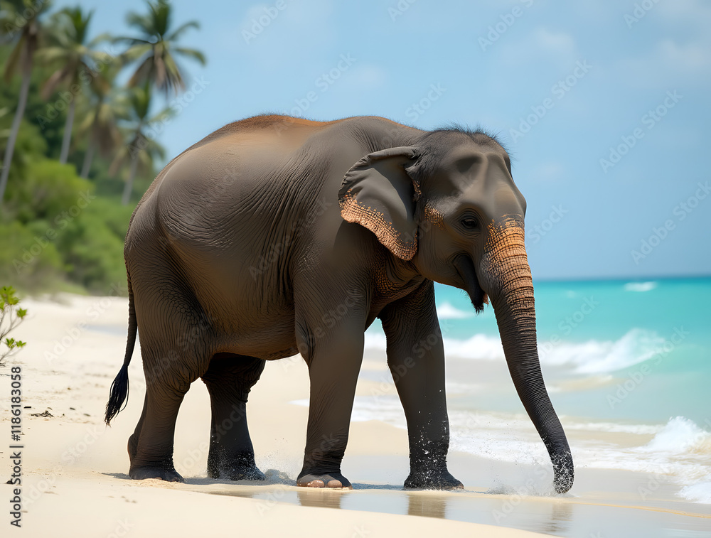 Obraz premium Indian elephant bathing on a sunny tropical shore. A baby elephant strolling along the beach. Wildlife and nature scene. Exotic travel, tourism, and summer vacation inspiration.