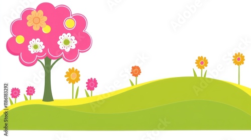 Spring, floral, tree, hill, landscape, design, banner, illustration