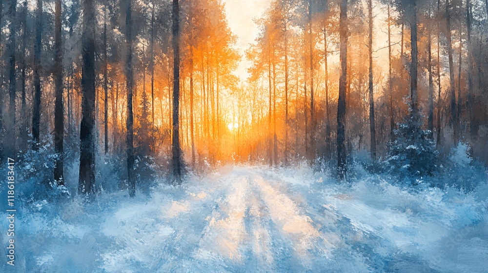 Golden sunlight breaks through a snowy forest path at sunset during winter Golden sunlight breaks through a snowy forest path at sunset during winter