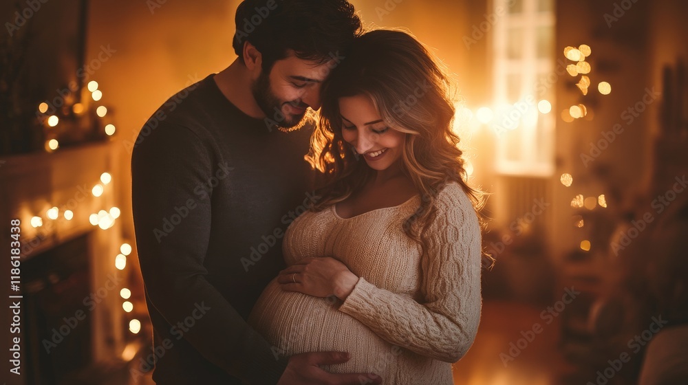 A warm portrait of expecting parents symbolizing love and family in a cozy home setting. A warm portrait of expecting parents symbolizing love and family in a cozy home setting.