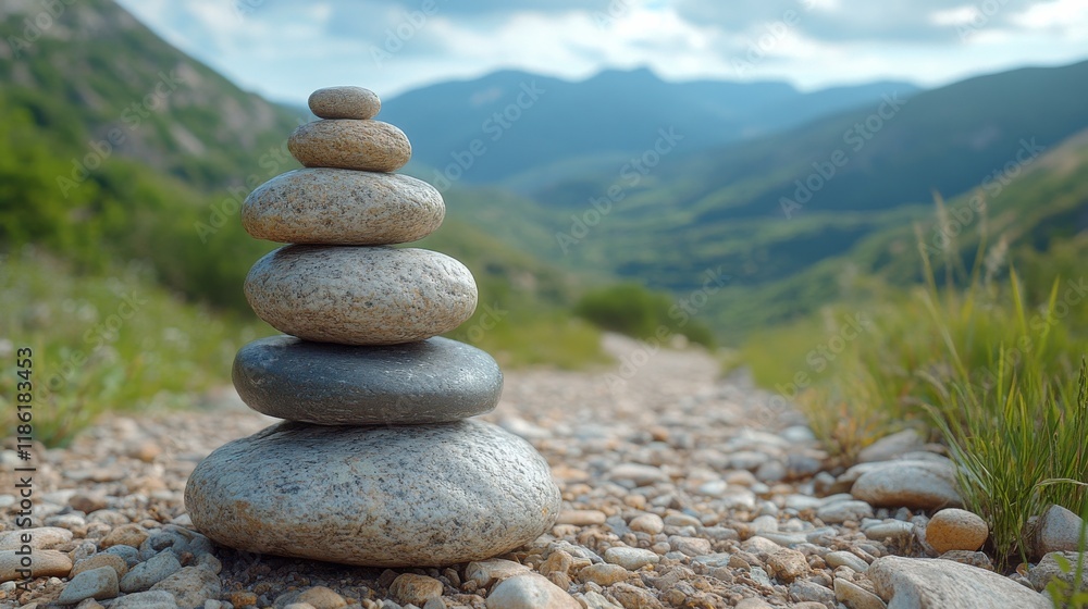 Scenic mountain trail with stone cairn under cloudy sky in early morning light Scenic mountain trail with stone cairn under cloudy sky in early morning light