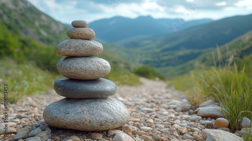 Scenic mountain trail with stone cairn under cloudy sky in early morning light