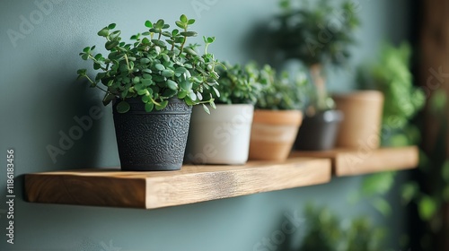 Collection of decorative plants arranged on a wooden shelf in a stylish indoo...