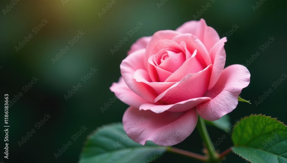 A single large pink rose flower with delicate green leaves and stem, gardenia, flowers, stem A single large pink rose flower with delicate green leaves and stem, gardenia, flowers, stem