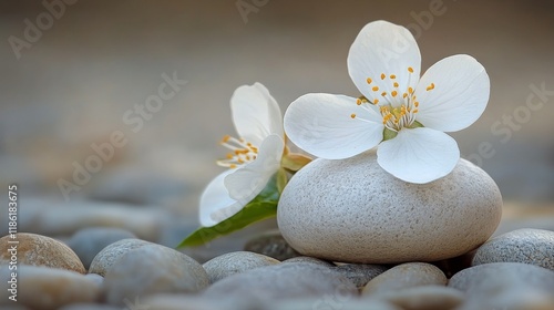 White flowers and smooth stones create a serene nature composition in soft li...