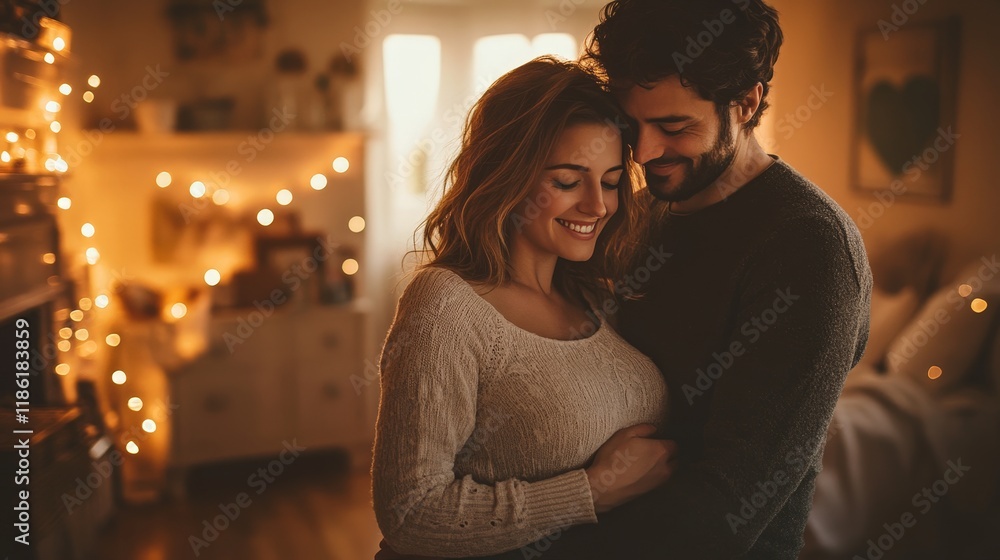 A warm portrait of expecting parents symbolizing love and family in a cozy home setting. A warm portrait of expecting parents symbolizing love and family in a cozy home setting.